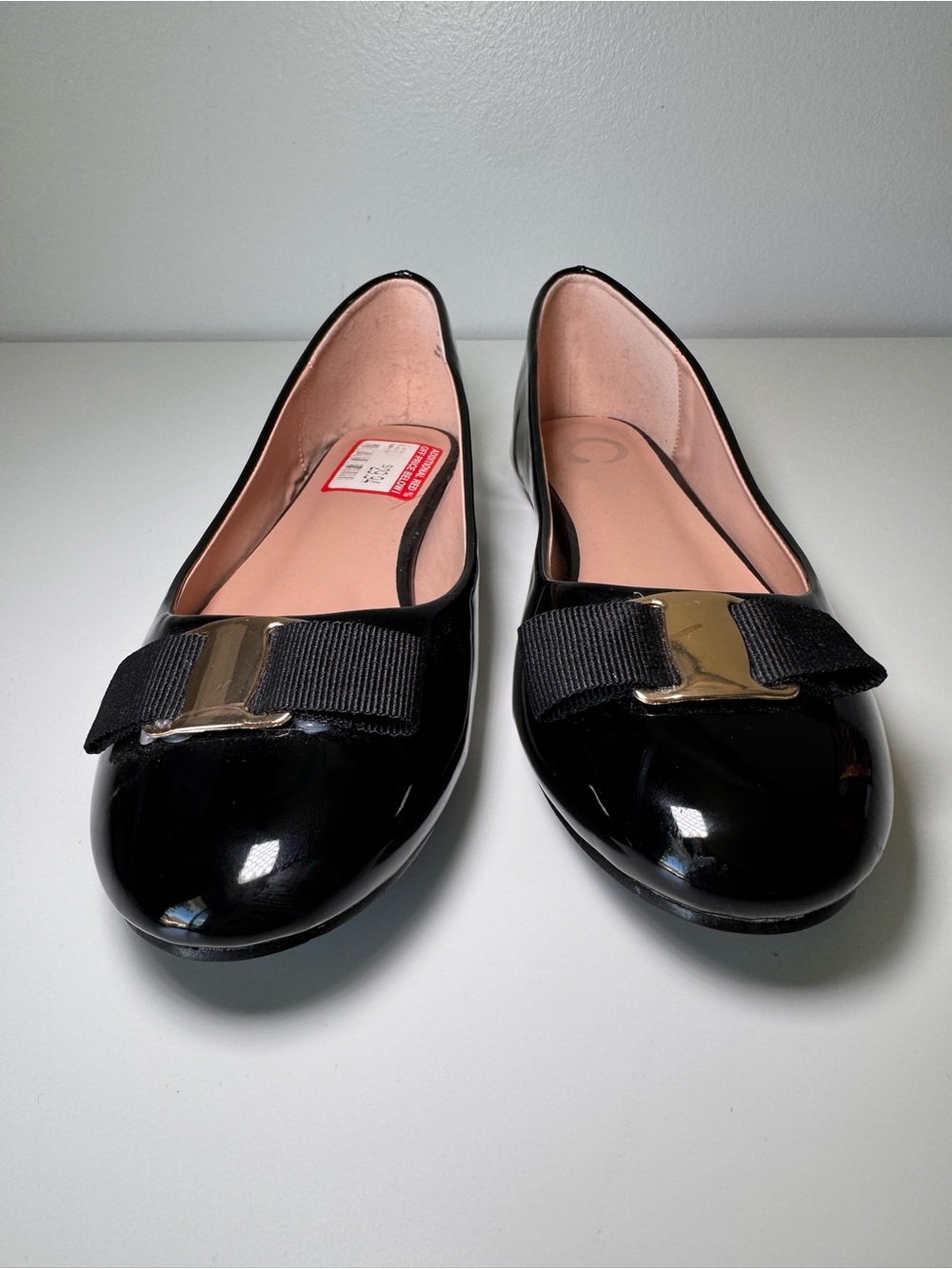 Journee Collection Kim Black Patent Leather Ballet Flats Bow Gold Hardware